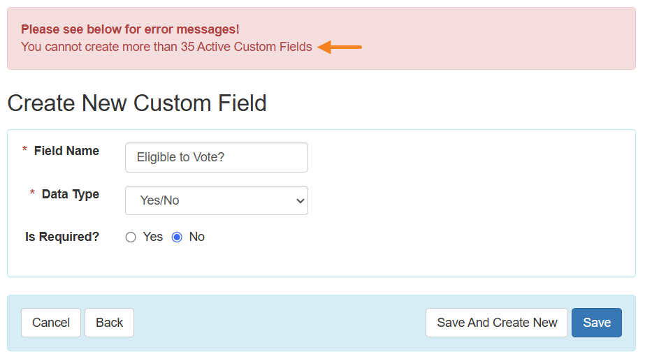 Screenshot showing an error message that the user cannot have more than 35 active custom fields.