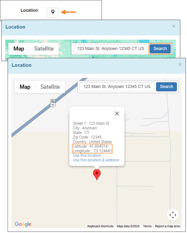 Screenshot showing the map marker information on the Location map