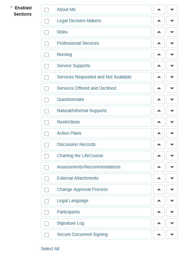 Screenshot showing the enabled Sections field of a Plan Template