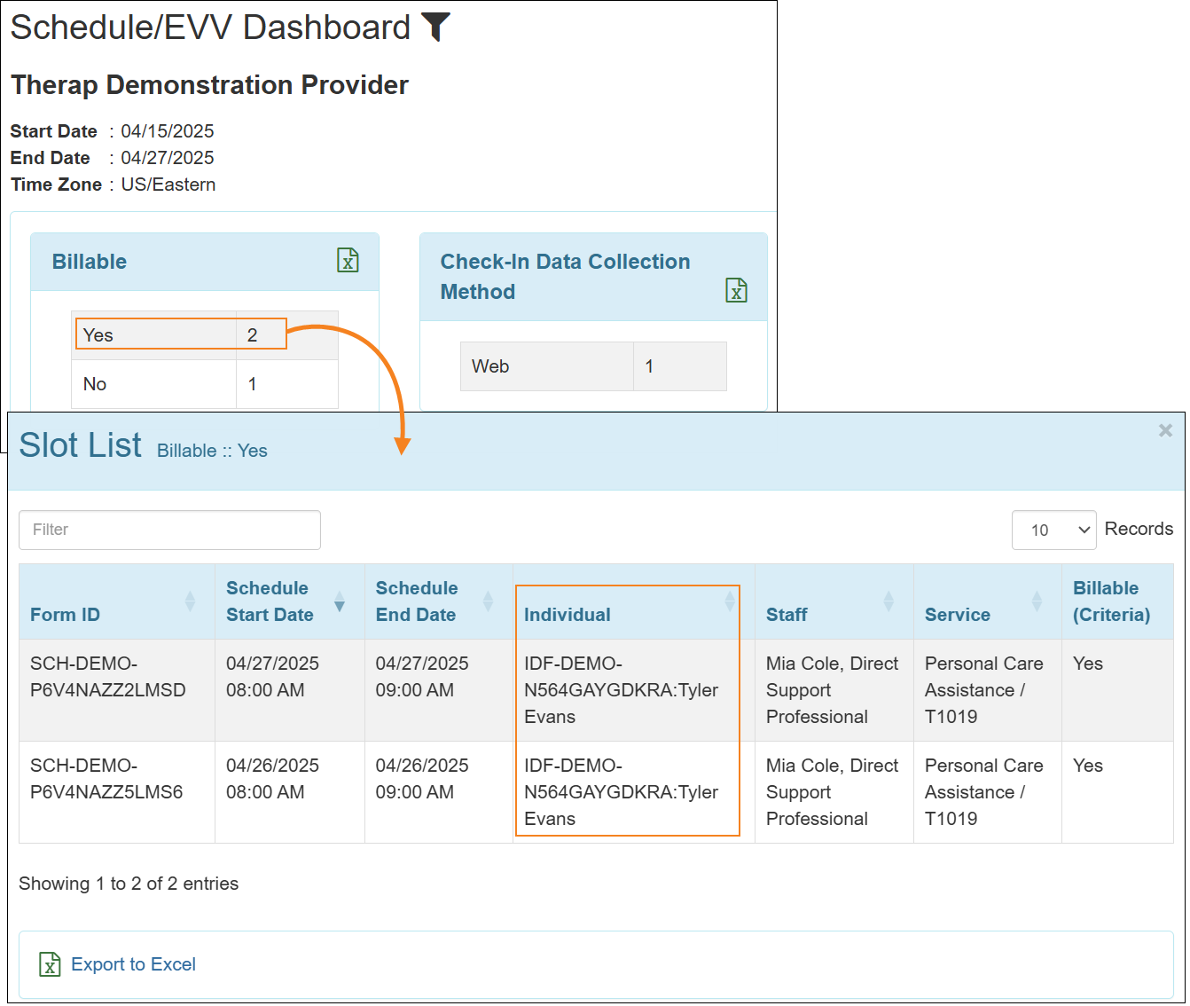 Screenshot of the Billable Slot List window showing only individual type Schedule Slots