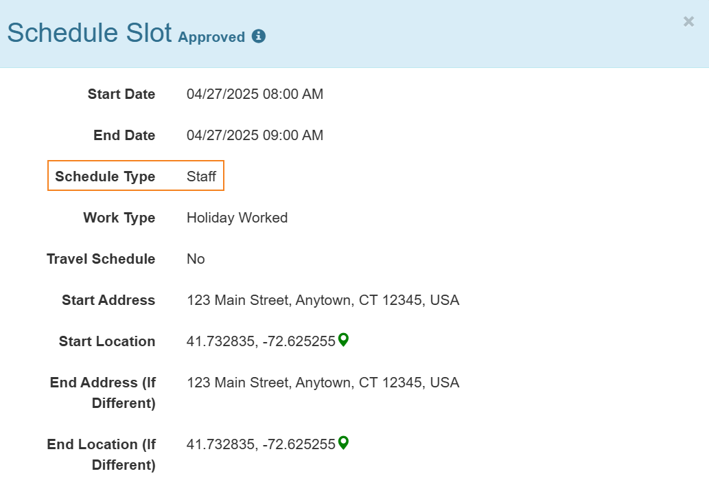 Screenshot of the Staff type Schedule Slots not showing the Billable field