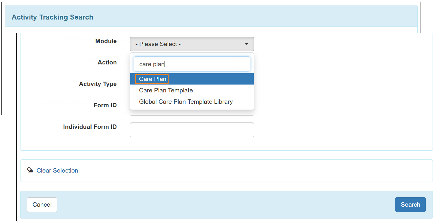 An image of the Activity Tracking Search page.