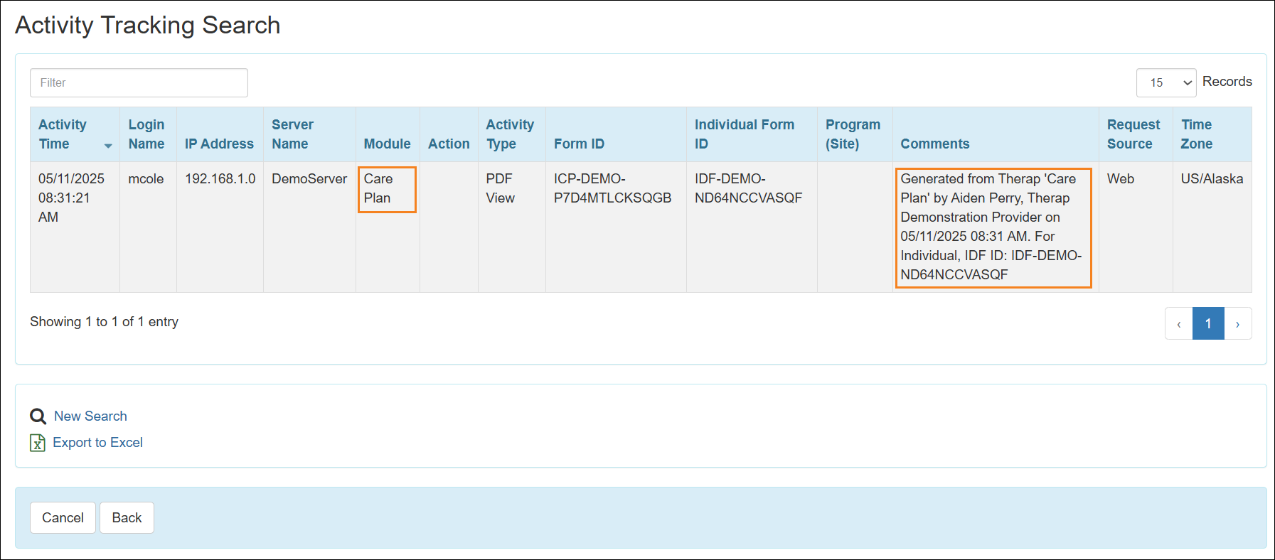 An image of the Activity Tracking Search results page.