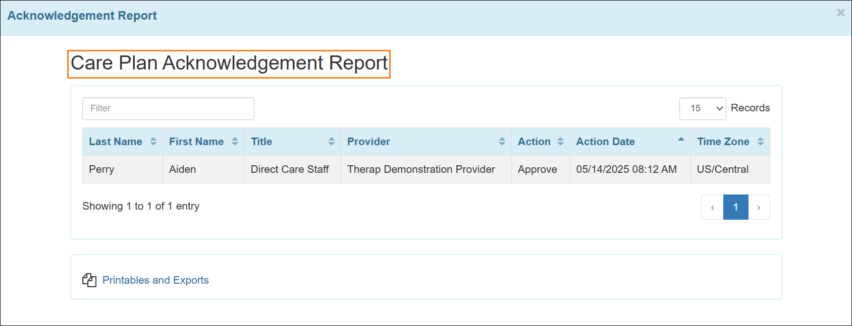 An image of the Care Plan Acknowledgement Report.