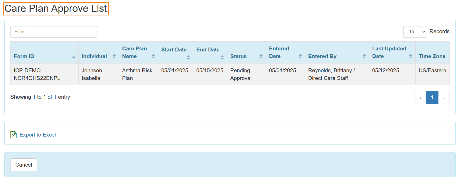 An image of the Care Plan Approve List page.
