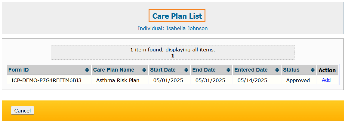 An image of the Care Plan List page.