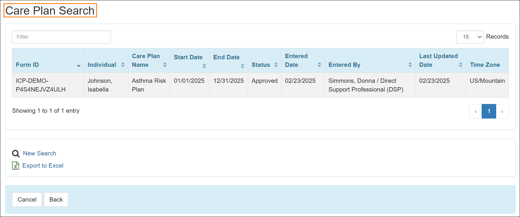 An image of the Care Plan Search results page.