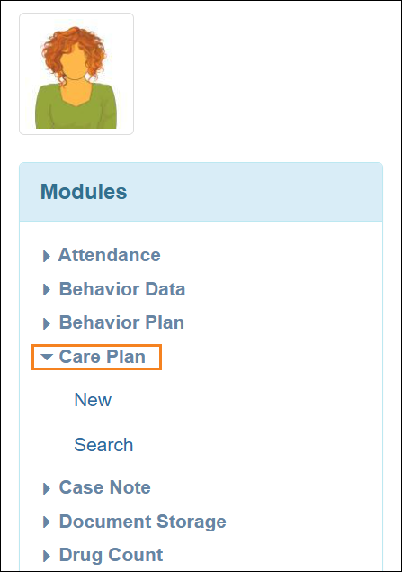 An image of the Care Plan option in the Module section of the Individual Home Page.