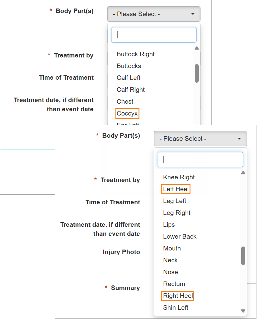 Screenshot showing the new body parts added in the Body Part(s) field.