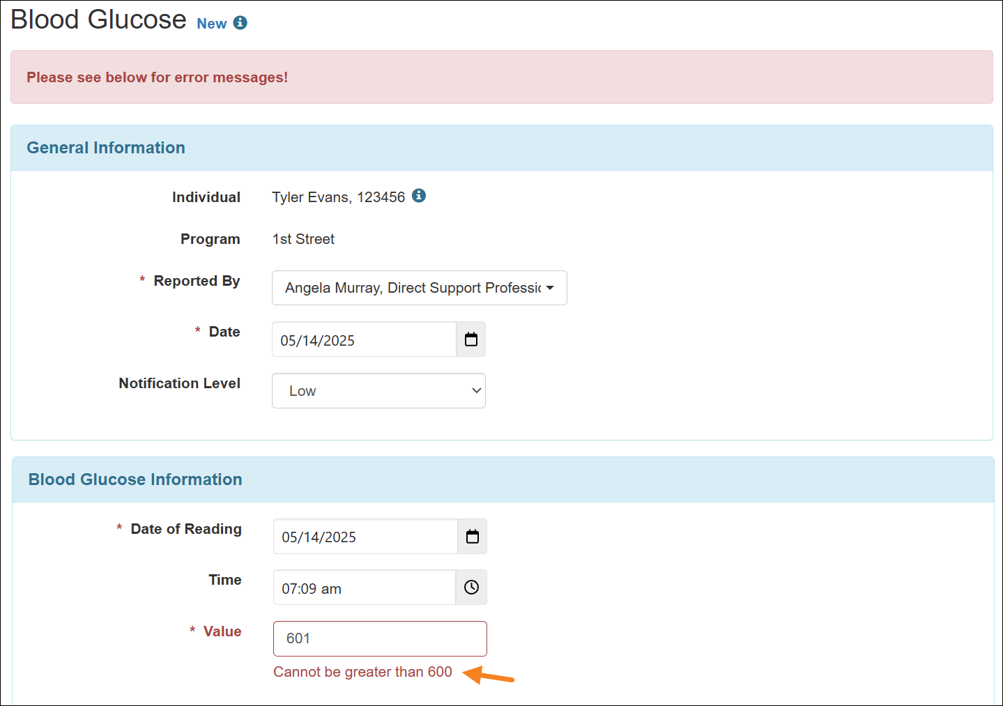 Screenshot showing Blood Glucose Value greater than 600.