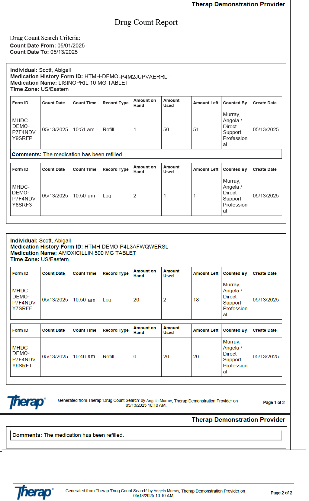 Screenshot showing Drug Count Report PDF.