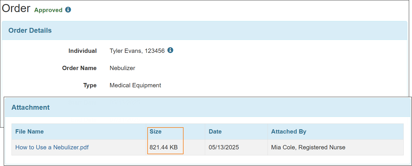 Screenshot of the Order form highlighting the newly added Size column in the Attachment section