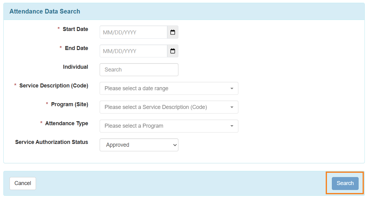 An image of the disabled Search button in Attendance Data Search.