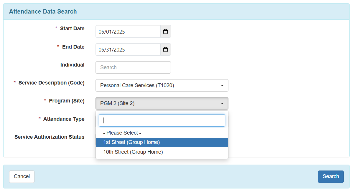 An image of the fields in Attendance Data Search.