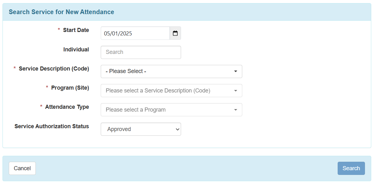 An image of the 'Search Service for New Attendance' page.