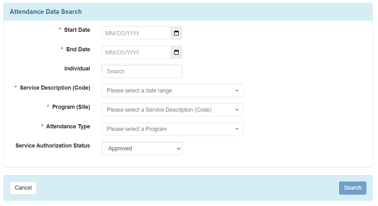 An image of the 'Attendance Data Search.' page.