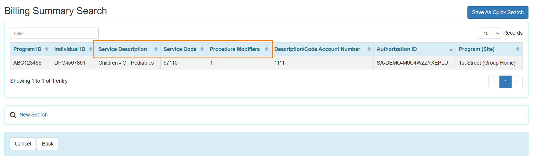 An image of the Billing Data Summary Search results page.