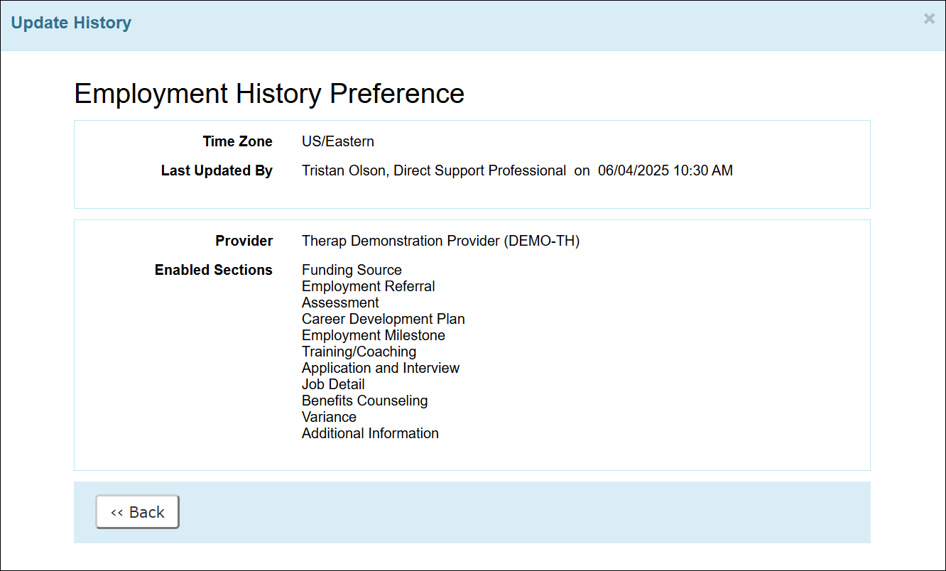 An image of the Update History popup window of the Employment History Preference form.