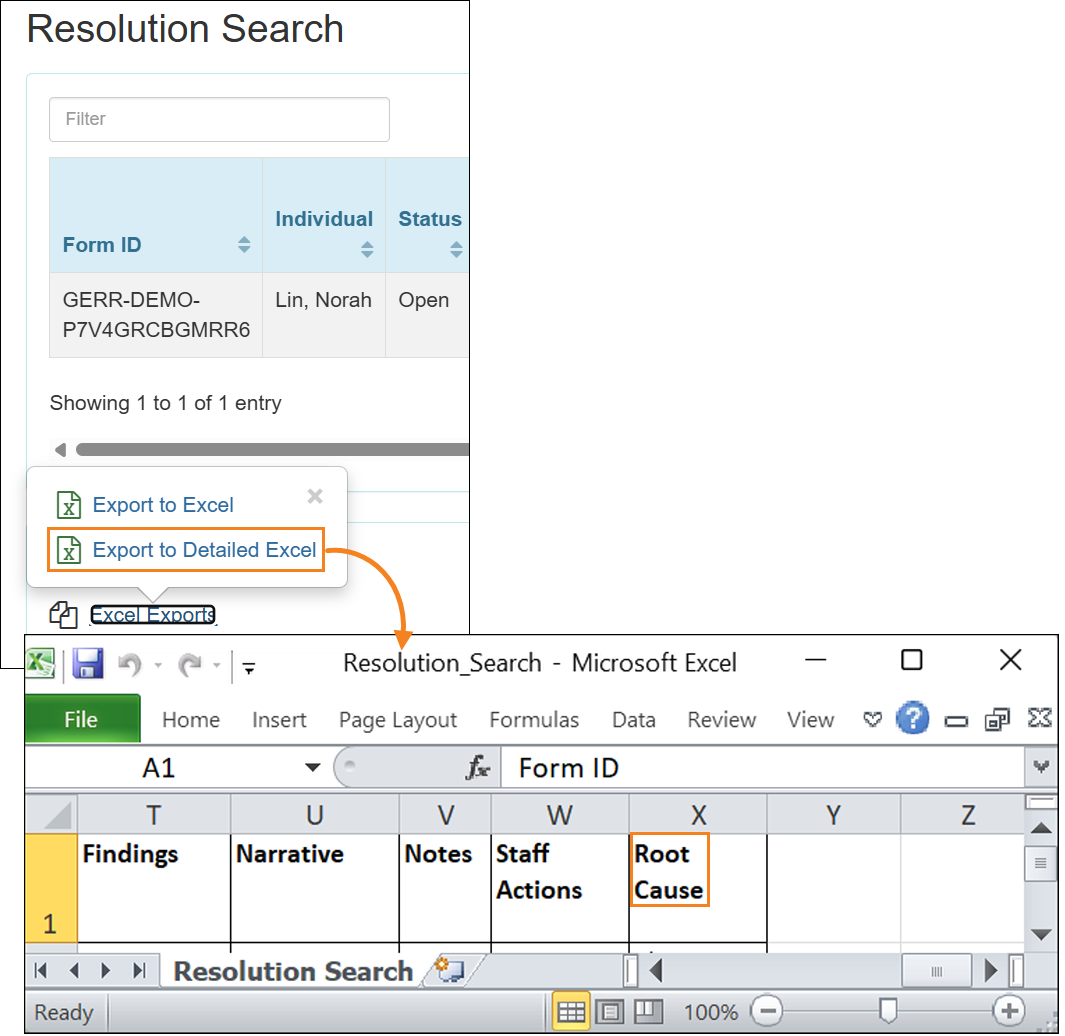 Screenshot showing the ‘Root Cause’ column added to the Detailed Excel exported from the ‘GER Resolution Search’ results page.
