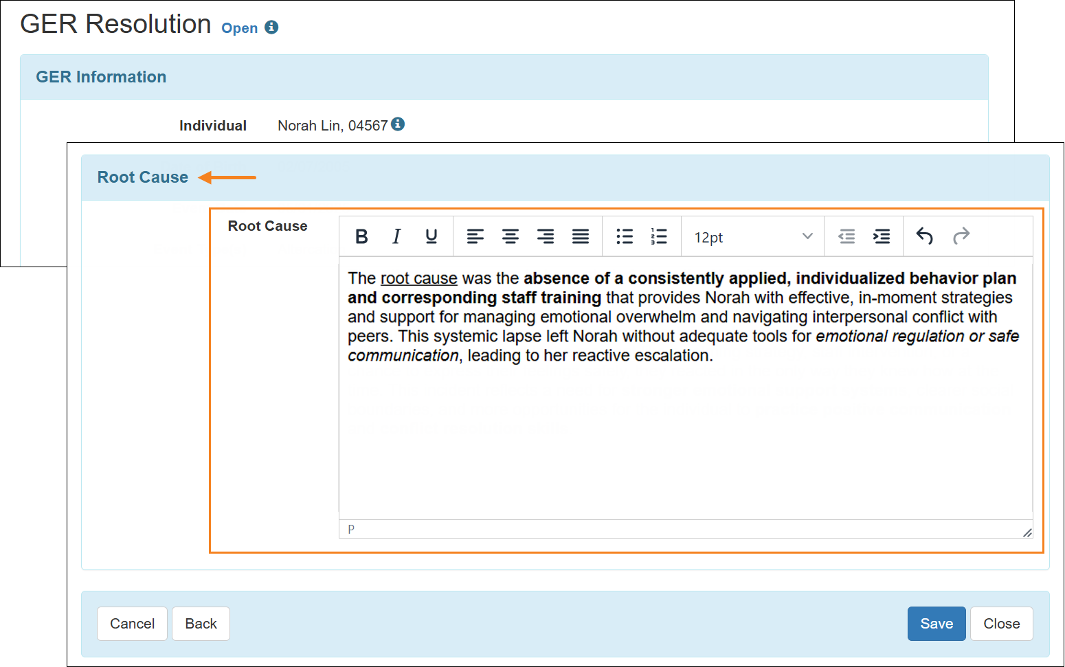 Screenshot showing the ‘Root Cause’ field and ‘Root Cause’ section of GER Resolution.