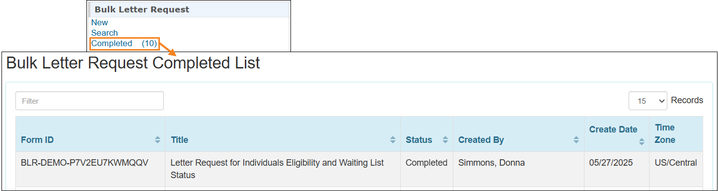 Screenshot showing the Bulk Letter Request Completed List page.