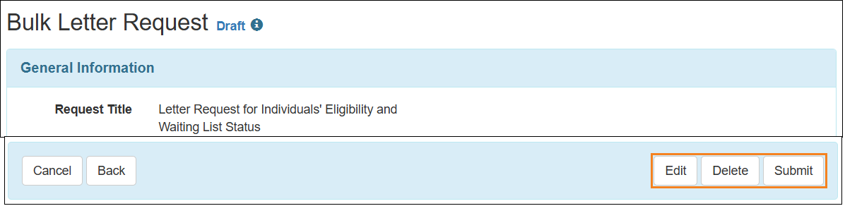 Screenshot showing the available buttons in Draft status.