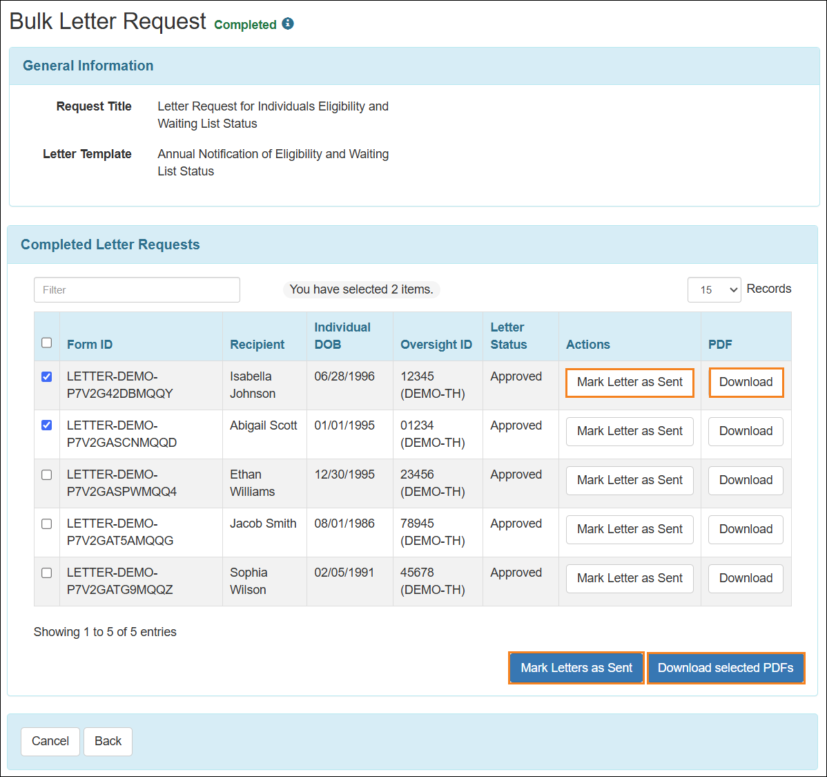 Screenshot showing the Mark Letter as Sent and Download buttons.