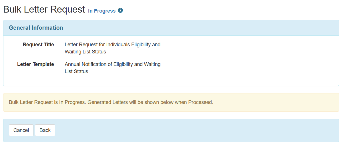 Screenshot showing the Bulk Letter Request form in In Progress status.