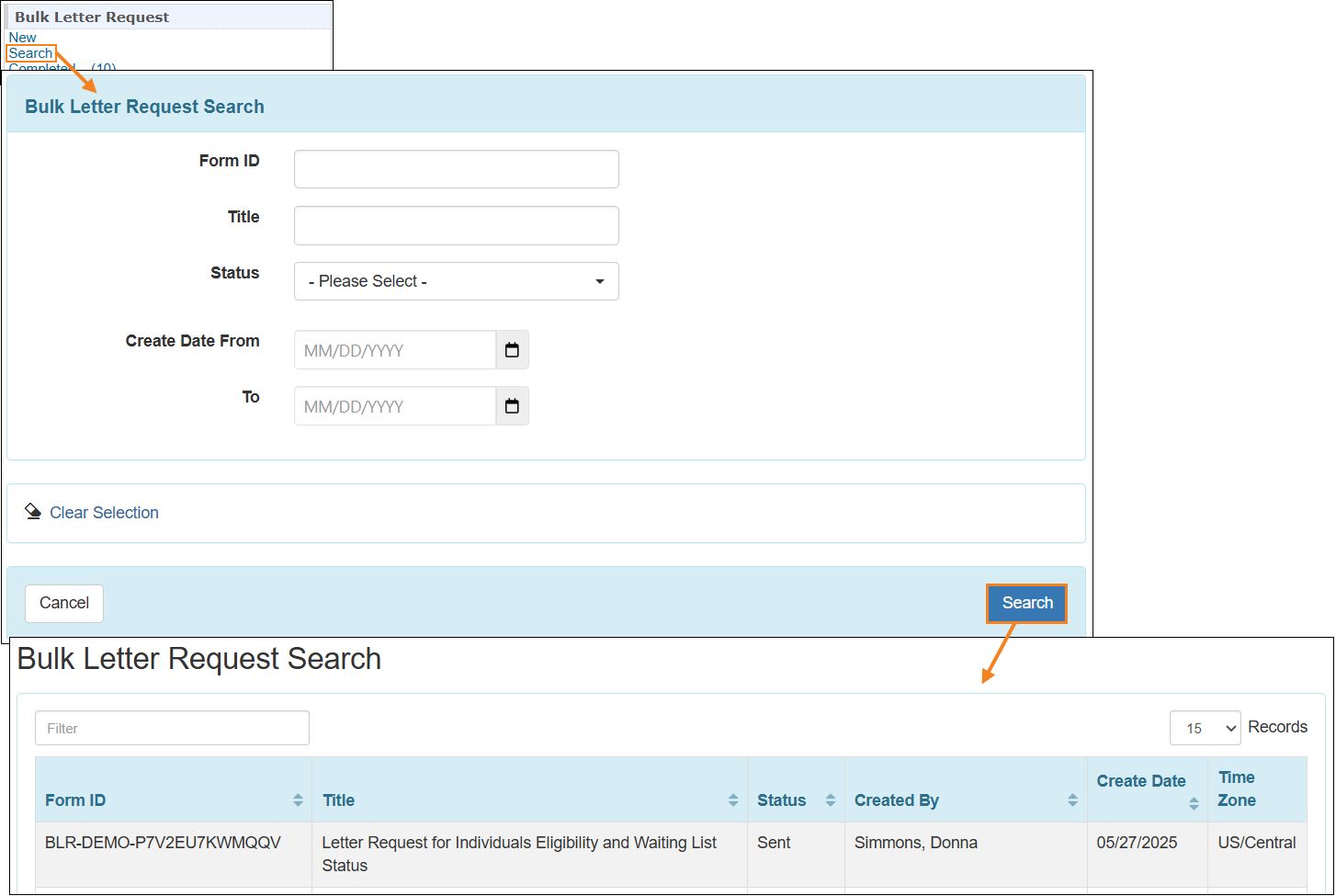 Screenshot showing the Bulk Letter Request Search functionality.