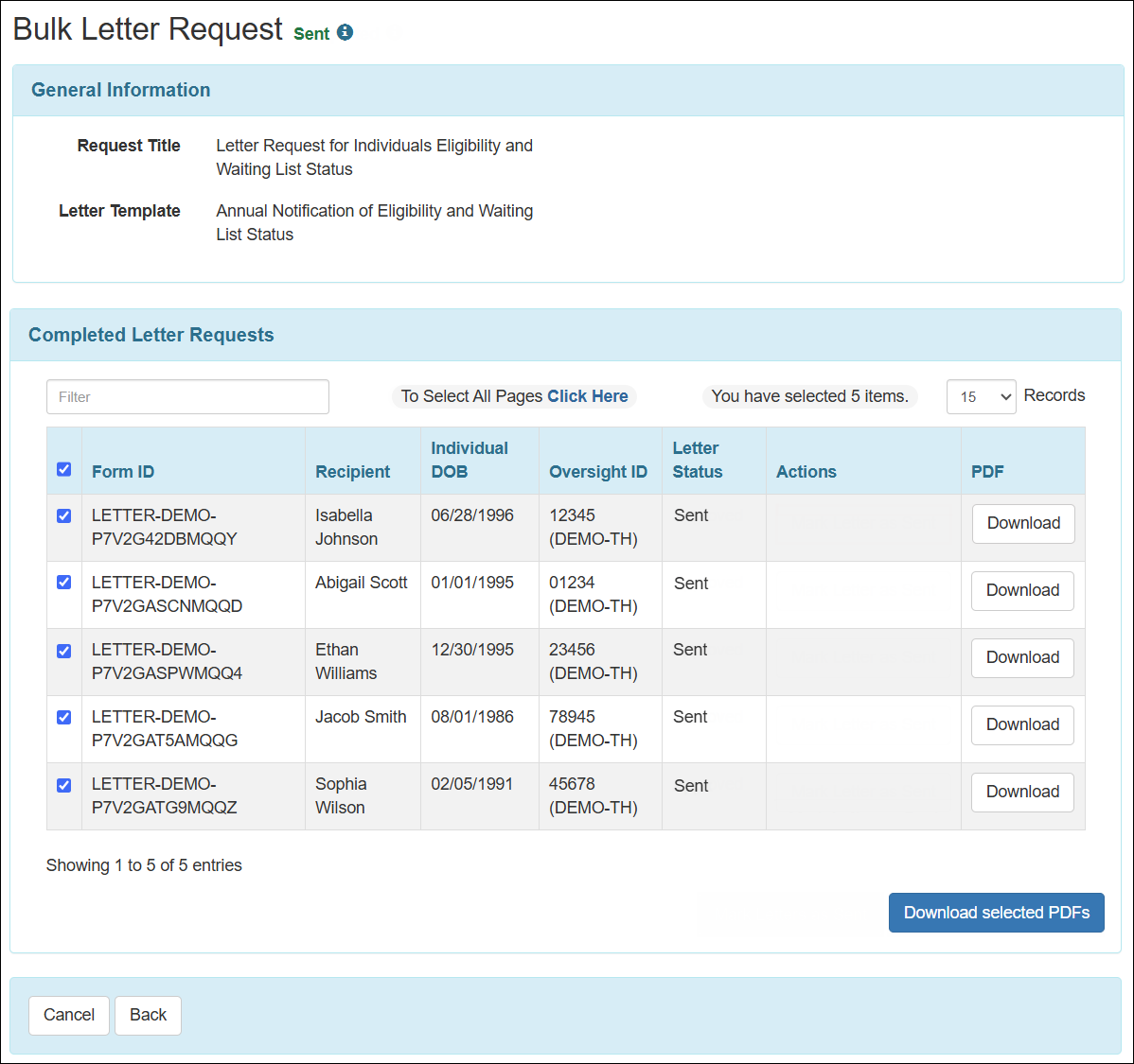 Screenshot showing the Bulk Letter Request form in Sent status.