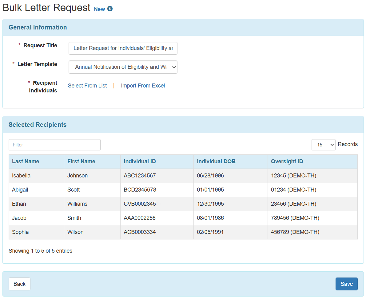 Screenshot showing the Bulk Letter Request new form.