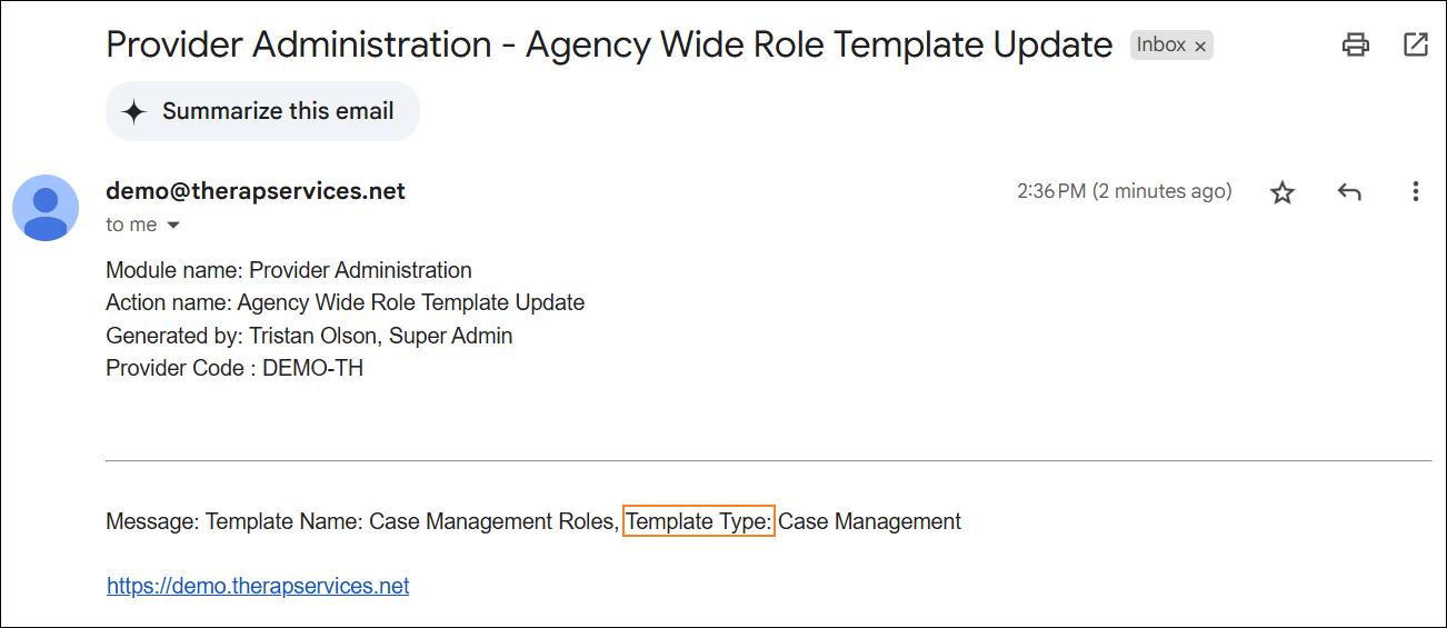 An image of the email notification for Agency Wide Role Template where the newly added Template Type is highlighted..
