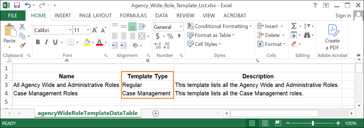 An image of the Agency Wide Role Template Excel Export highlighting the newly added Template Type column.