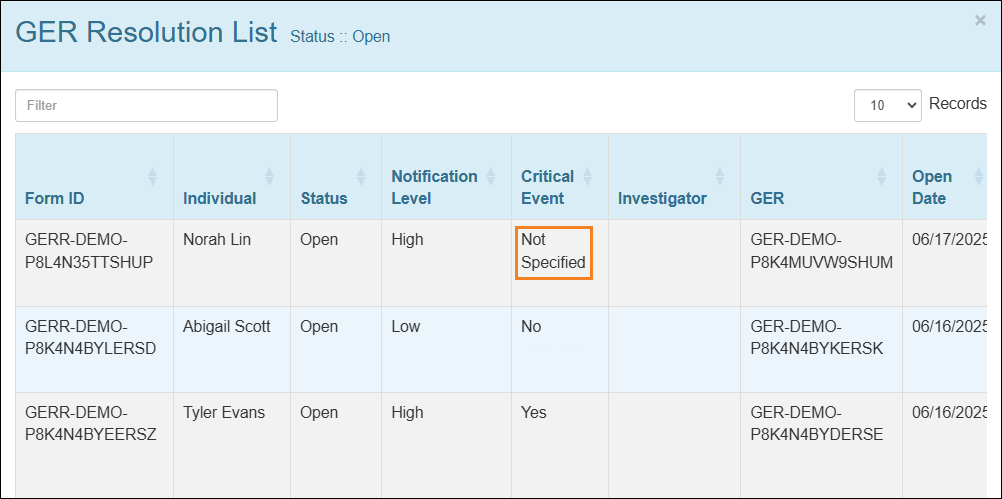 Screenshot showing the Was this a critical event column in GER Dashboard.