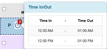 The screenshot showing the Time In and Out details by hovering on the icon.