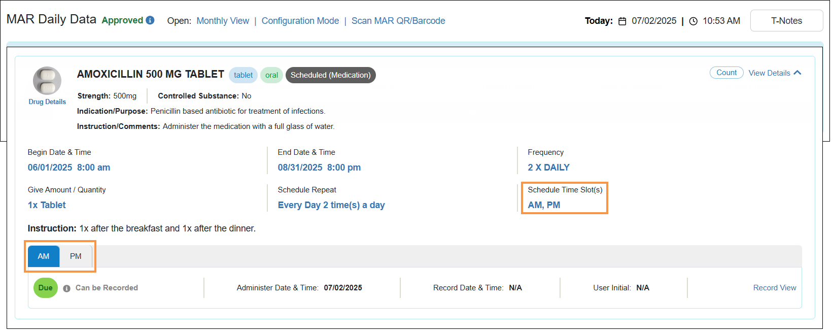 Screenshot showing the Schedule Text slots in Daily MAR grid.