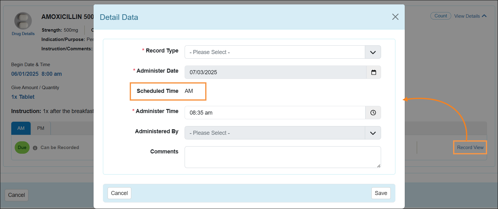 Screenshot showing the Schedule Text slots in Daily MAR Detail Data.