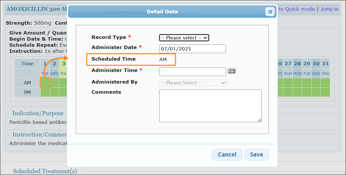 Screenshot showing the Schedule Text slots in MAR Detail Data.