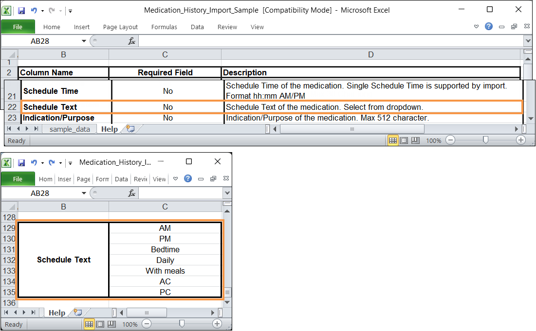 Screenshot showing the MH Schedule Text details in Sample Excel.