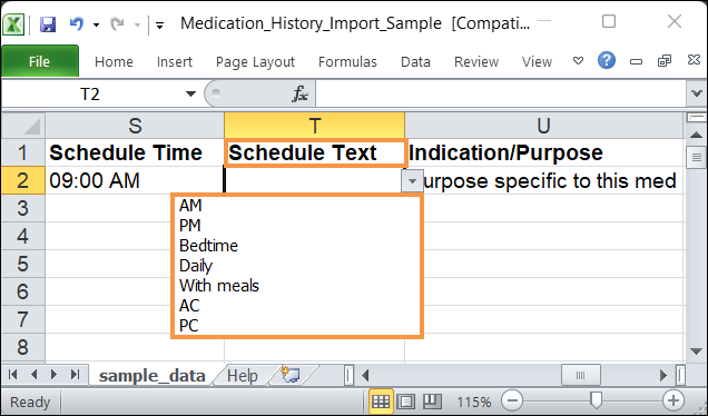Screenshot showing the MH Schedule Text column in Sample Excel.