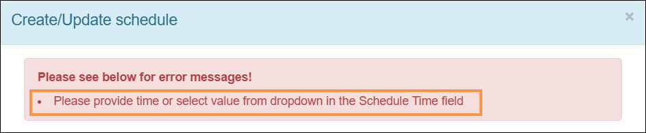 Screenshot showing the MH Schedule Text error message.