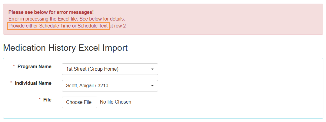 Screenshot showing the MH Schedule Text error message for uploaded Excel.