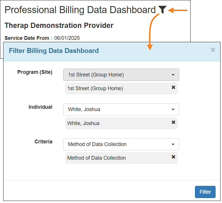 An image of the Filter option opening the Filter Billing Data Dashboard page.