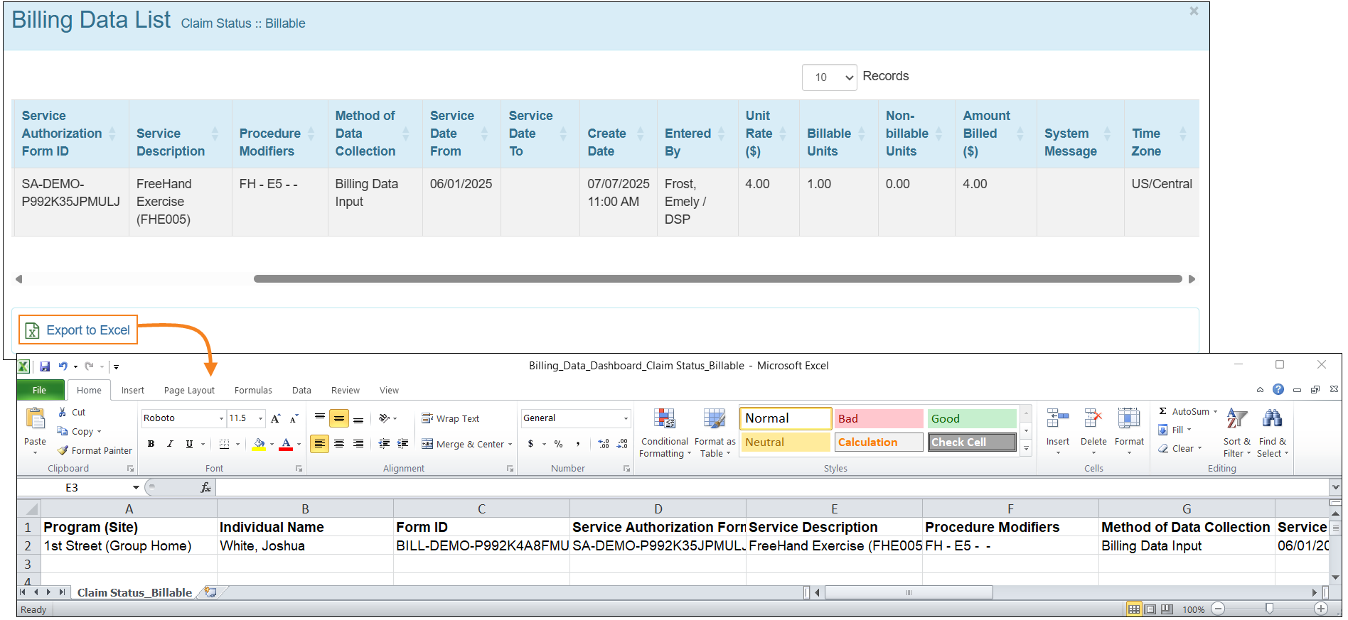 An image of the Excel Export of the BIlling Data List being opened.