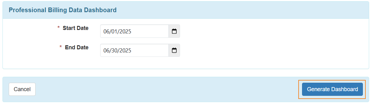 An image of the Professional Billing Data Dashboard search page.