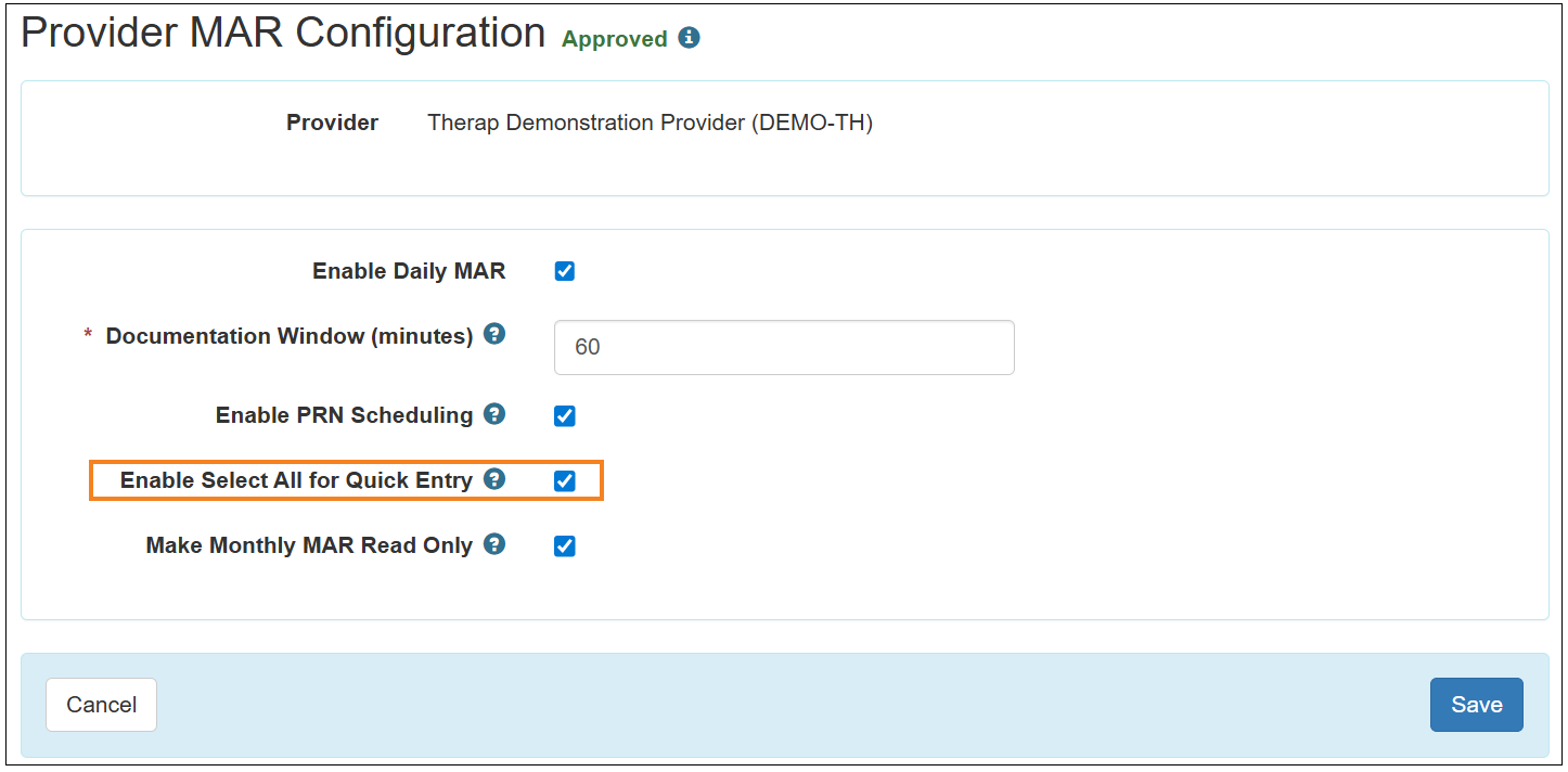 Screenshot showing the Enable Select All for Quick Entry field.