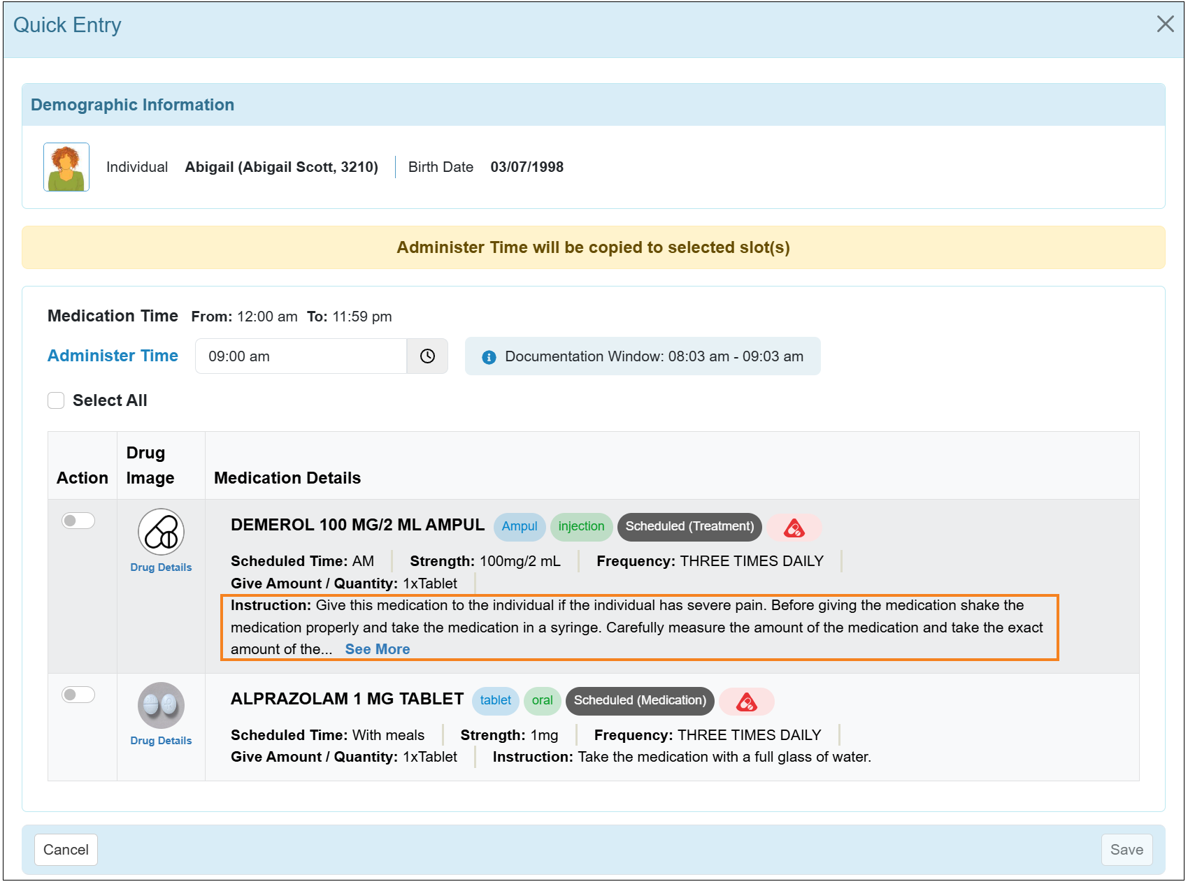 Screenshot showing the Instruction information.