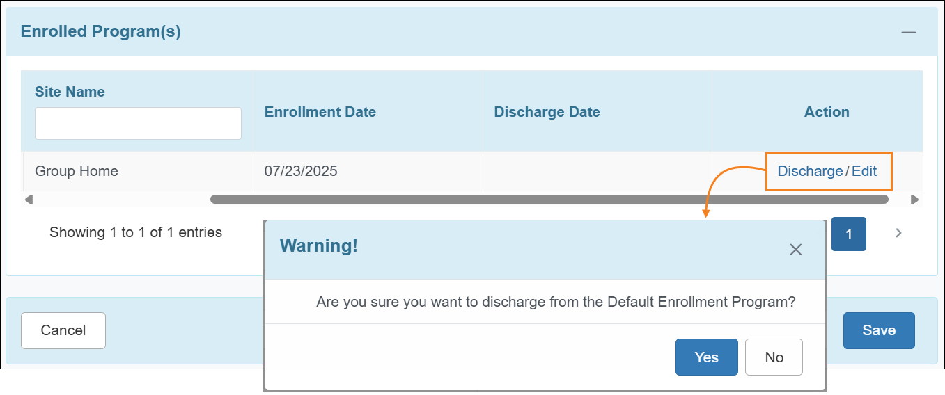 The warning message that shows up when an individual is being discharged from the Default Enrollment Program.