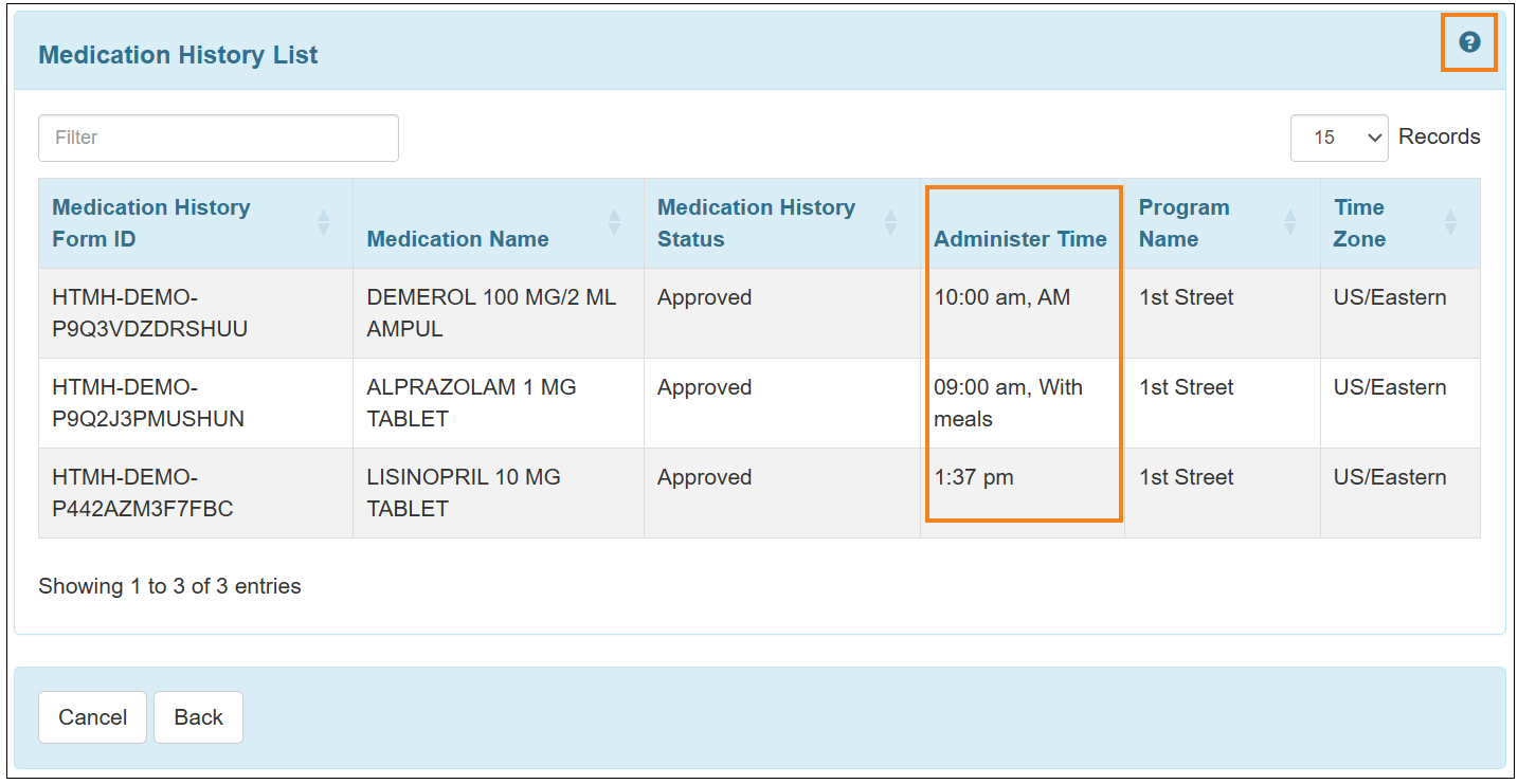 Screenshot showing the the ‘Medication History List’.