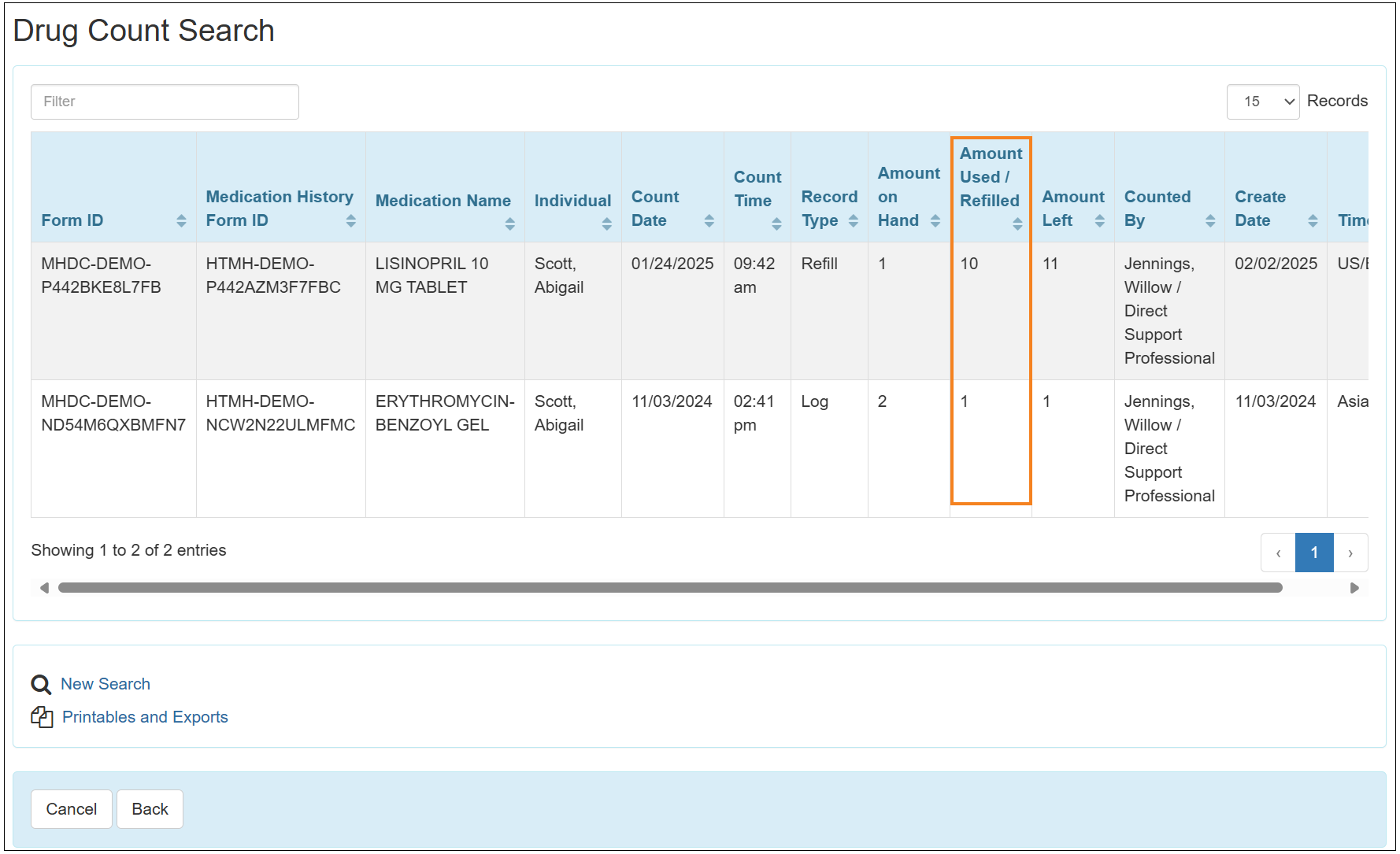 Screenshot showing the the 'Drug Count Search' page.